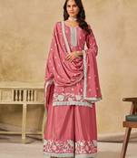 Peach chiffon hand embroidery semi stitched salwar suits suits size up to 42