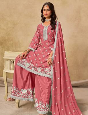 Peach chiffon hand embroidery semi stitched salwar suits suits size up to 42 2