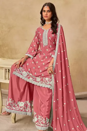 Peach chiffon hand embroidery semi stitched salwar suits suits size up to 42