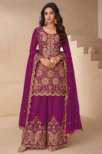 Magenta silk blend zari work semi stitched salwar suits suits size up to 42