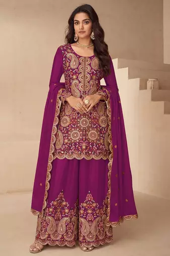 Magenta silk blend zari work semi stitched salwar suits suits size up to 42