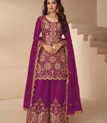 Magenta silk blend zari work semi stitched salwar suits suits size up to 42