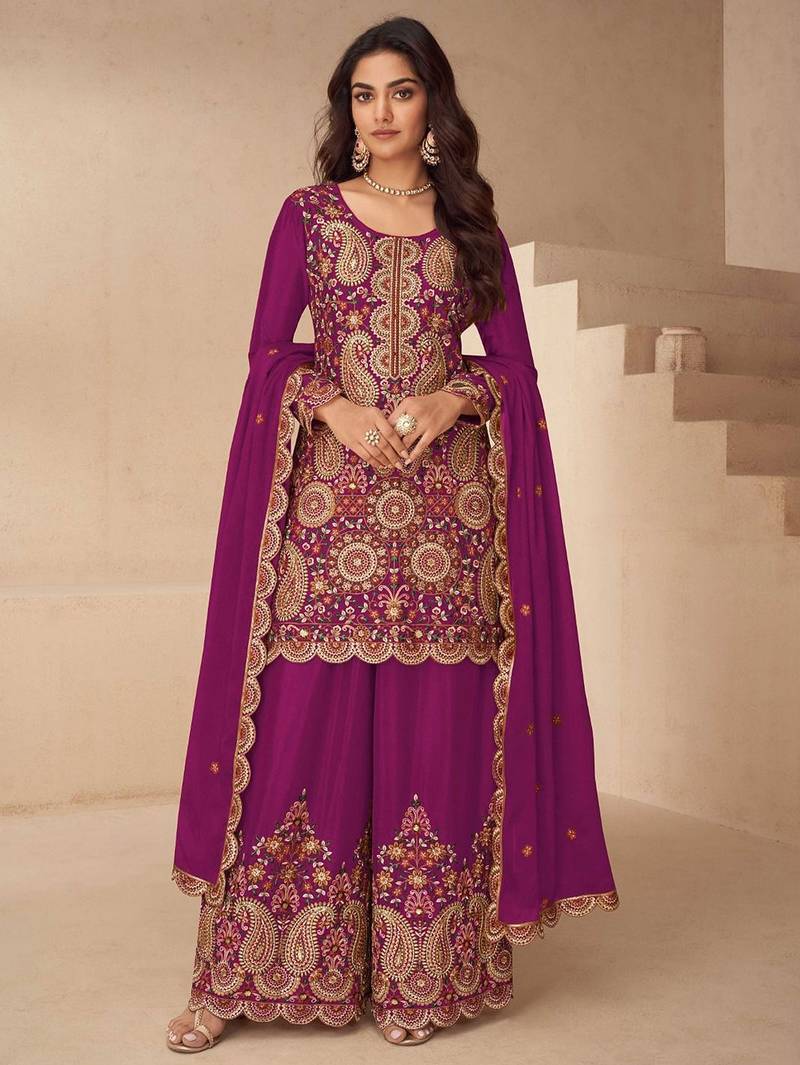 Magenta silk blend zari work semi stitched salwar suits suits size up to 42