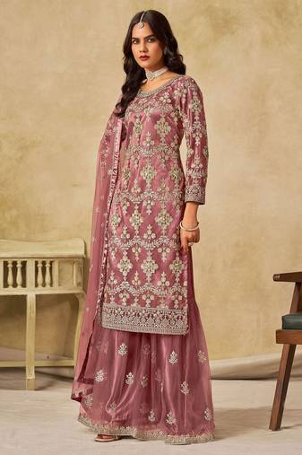 Mauve net sequins work semi stitched salwar suits suits size up to 42