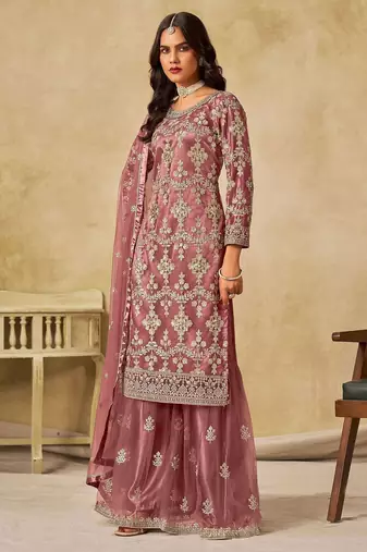 Mauve net sequins work semi stitched salwar suits suits size up to 42