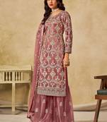 Mauve net sequins work semi stitched salwar suits suits size up to 42