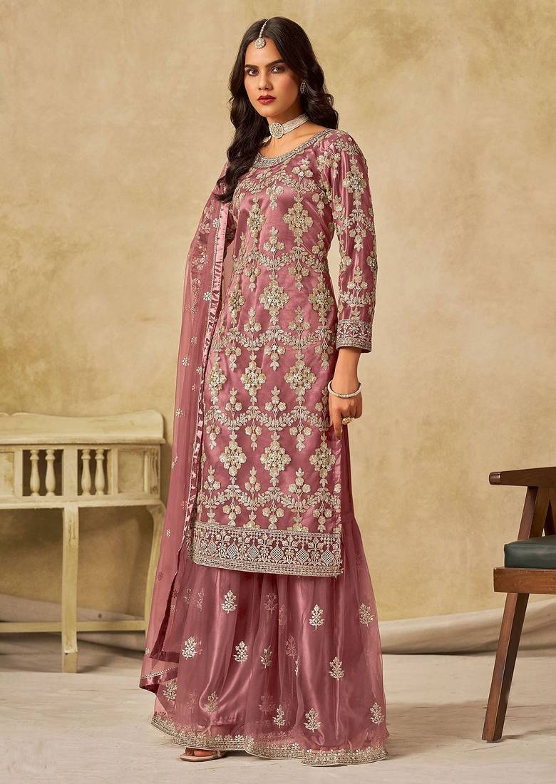 Mauve net sequins work semi stitched salwar suits suits size up to 42