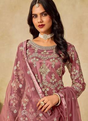 Mauve net sequins work semi stitched salwar suits suits size up to 42 2
