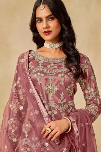 Mauve net sequins work semi stitched salwar suits suits size up to 42