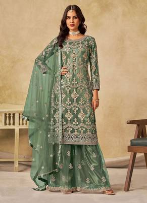 Green net sequins work semi stitched salwar suits suits size up to 42 1