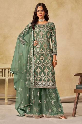 Green net sequins work semi stitched salwar suits suits size up to 42