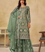 Green net sequins work semi stitched salwar suits suits size up to 42