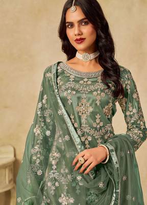 Green net sequins work semi stitched salwar suits suits size up to 42 2