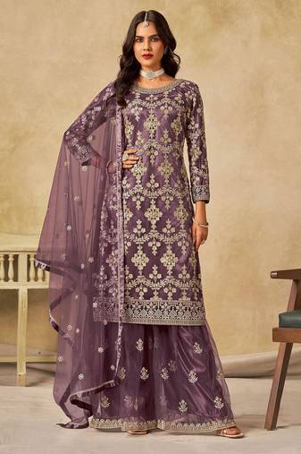 Purple net sequins work semi stitched salwar suits suits size up to 42