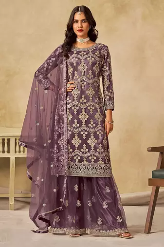 Purple net sequins work semi stitched salwar suits suits size up to 42