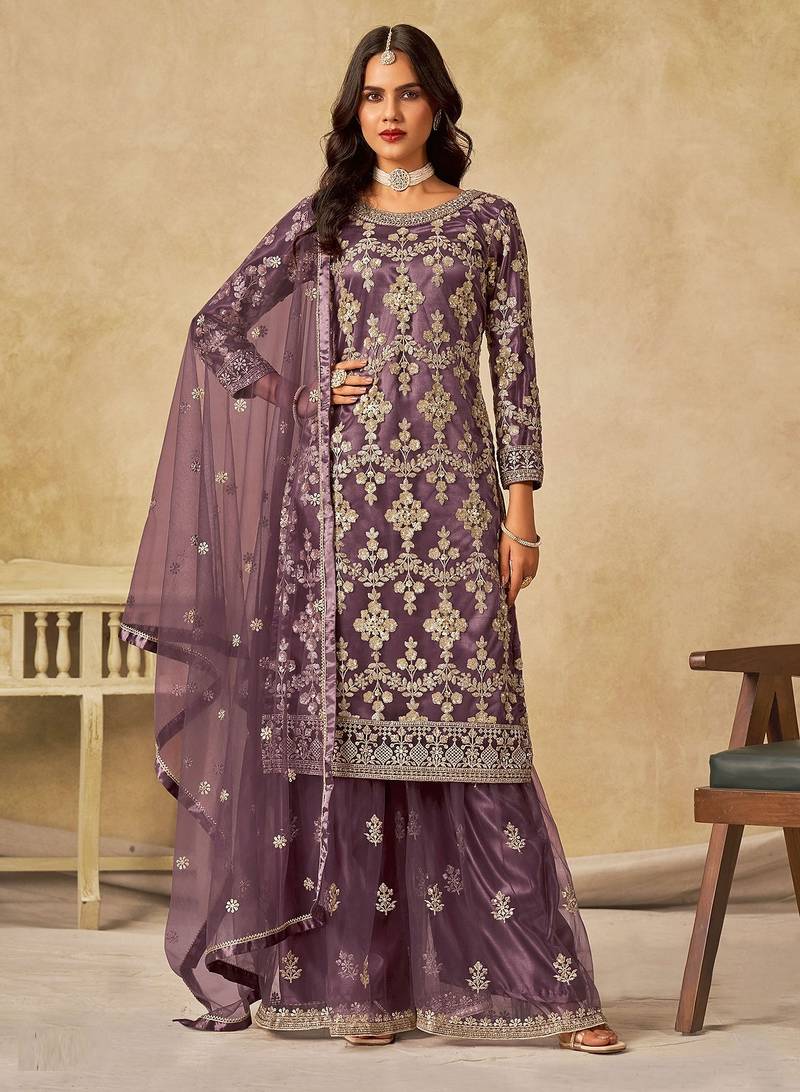 Purple net sequins work semi stitched salwar suits suits size up to 42