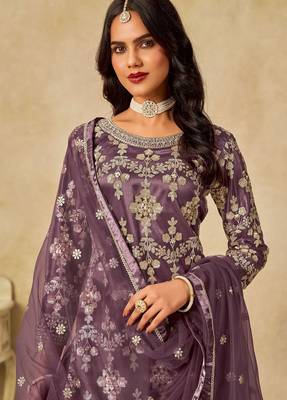 Purple net sequins work semi stitched salwar suits suits size up to 42 2