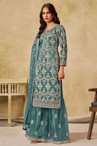 Teal blue net sequins work semi stitched salwar suits suits size up to 42