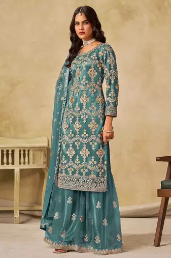 Teal blue net sequins work semi stitched salwar suits suits size up to 42