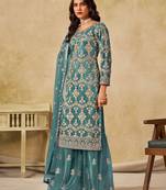 Teal blue net sequins work semi stitched salwar suits suits size up to 42