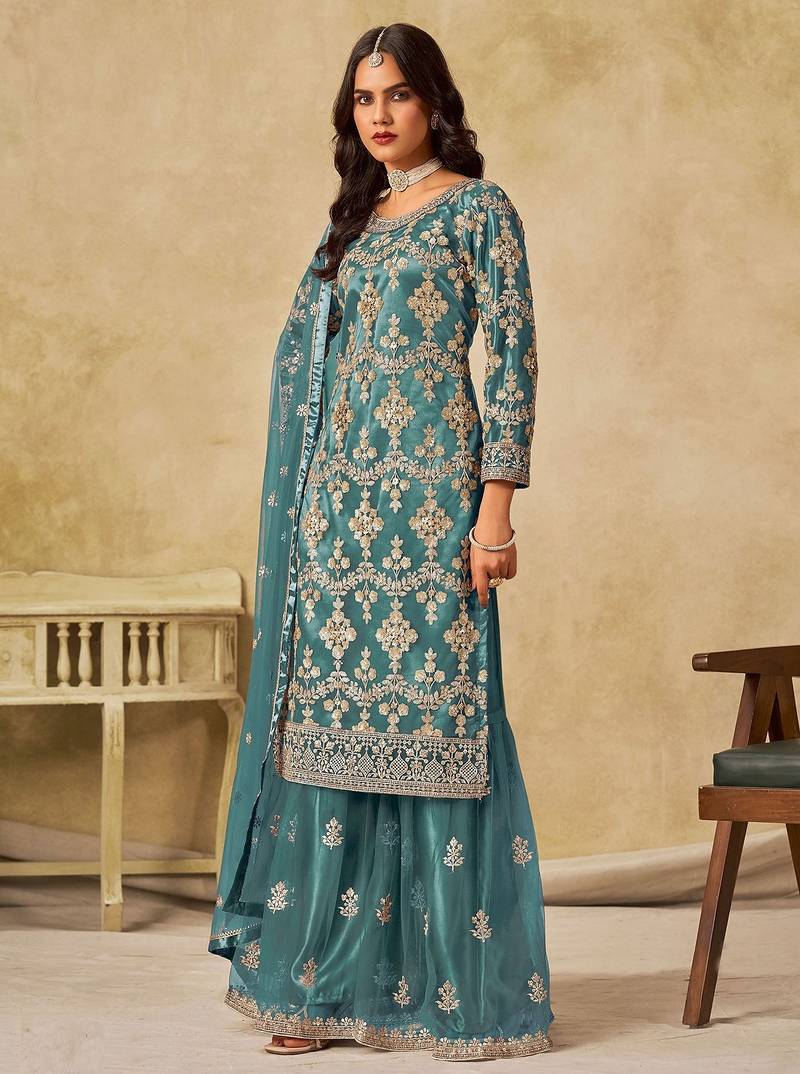 Teal blue net sequins work semi stitched salwar suits suits size up to 42