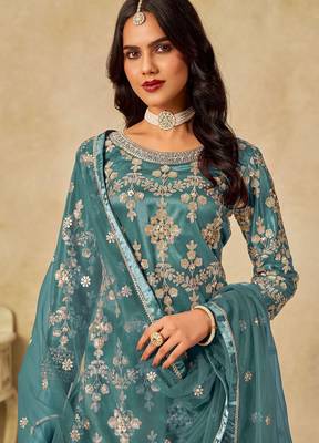 Teal blue net sequins work semi stitched salwar suits suits size up to 42 2