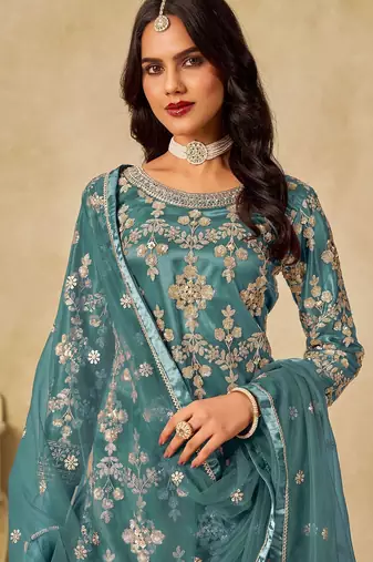 Teal blue net sequins work semi stitched salwar suits suits size up to 42