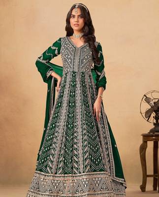 Green faux georgette hand embroidery semi stitched salwar suits suits size up to 42 1