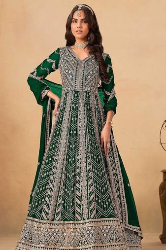 Green faux georgette hand embroidery semi stitched salwar suits suits size up to 42