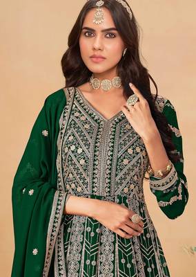Green faux georgette hand embroidery semi stitched salwar suits suits size up to 42 2