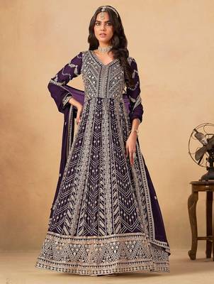 Wine faux georgette hand embroidery semi stitched salwar suits suits size up to 42 1