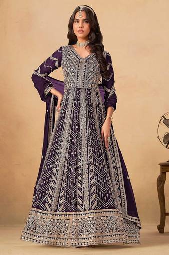 Wine faux georgette hand embroidery semi stitched salwar suits suits size up to 42