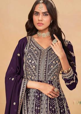 Wine faux georgette hand embroidery semi stitched salwar suits suits size up to 42 2