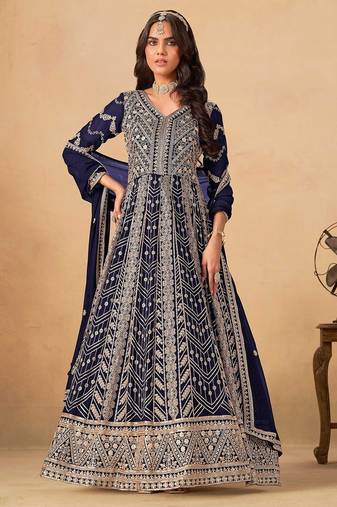 Navy blue faux georgette hand embroidery semi stitched salwar suits suits size up to 42