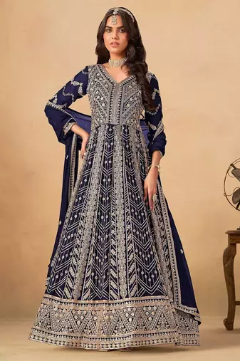 Navy blue faux georgette hand embroidery semi stitched salwar suits suits size up to 42