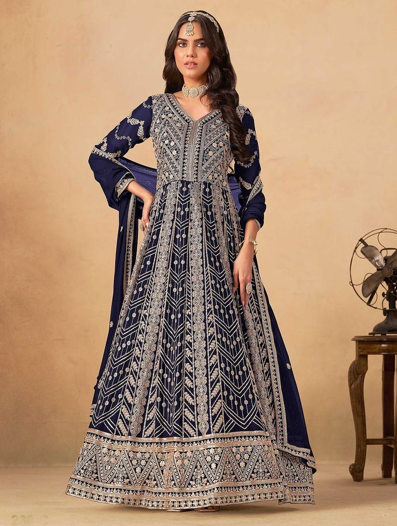 Navy blue faux georgette hand embroidery semi stitched salwar suits suits size up to 42