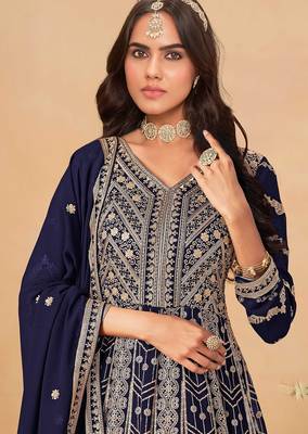 Navy blue faux georgette hand embroidery semi stitched salwar suits suits size up to 42 2