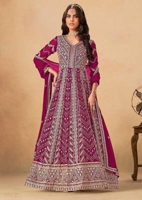 Pink faux georgette hand embroidery semi stitched salwar suits suits size up to 42 1