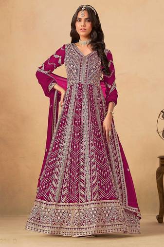 Pink faux georgette hand embroidery semi stitched salwar suits suits size up to 42