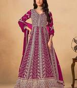 Pink faux georgette hand embroidery semi stitched salwar suits suits size up to 42