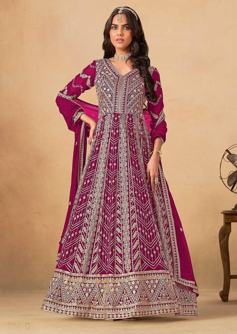 Pink faux georgette hand embroidery semi stitched salwar suits suits size up to 42