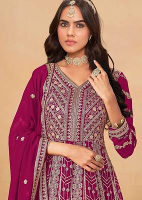 Pink faux georgette hand embroidery semi stitched salwar suits suits size up to 42 2