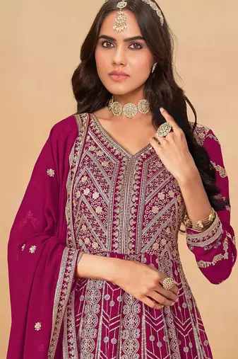 Pink faux georgette hand embroidery semi stitched salwar suits suits size up to 42