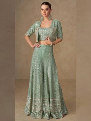 Light green georgette hand embroidery semi stitched salwar suits suits size up to 42 1