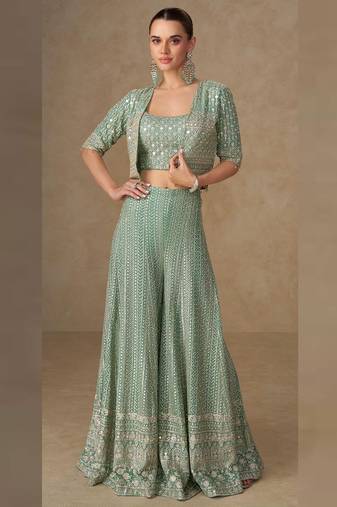 Light green georgette hand embroidery semi stitched salwar suits suits size up to 42
