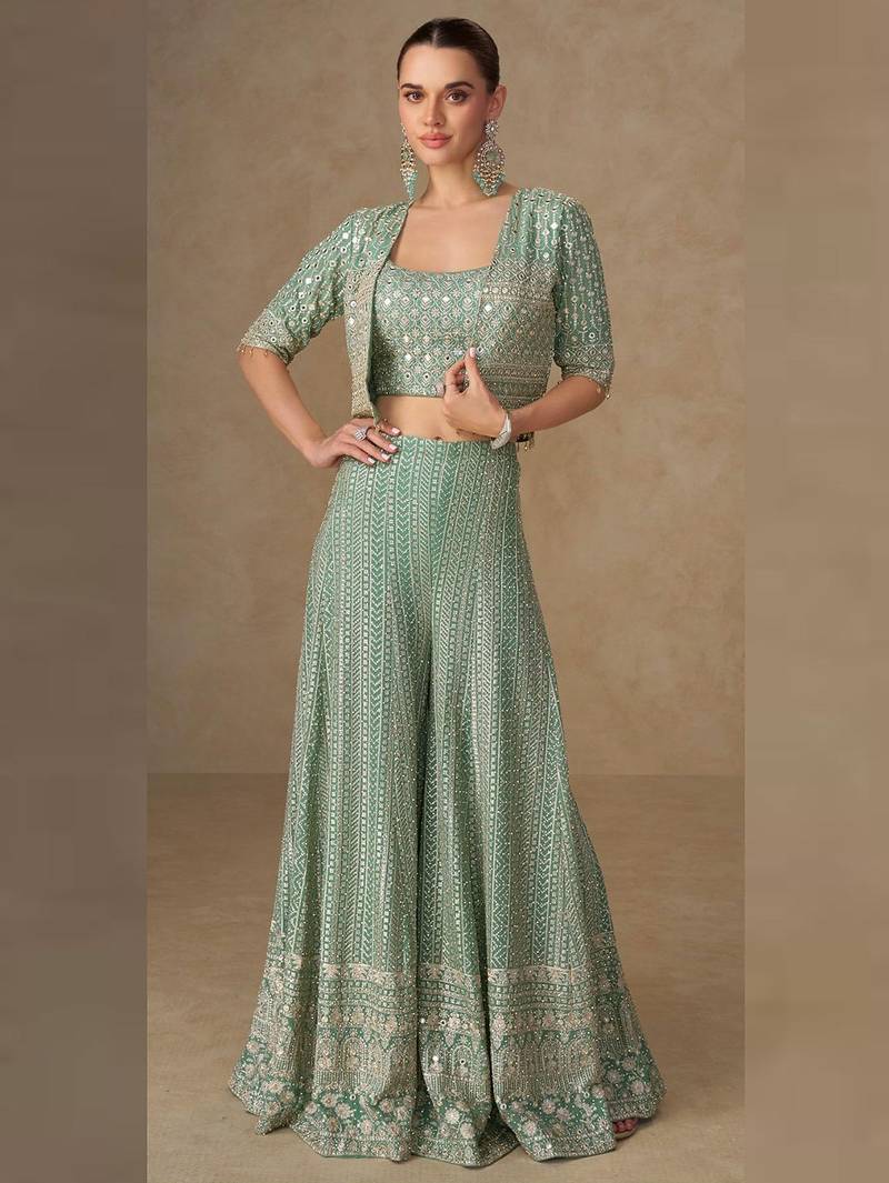 Light green georgette hand embroidery semi stitched salwar suits suits size up to 42