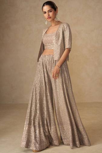 Beige georgette hand embroidery semi stitched salwar suits suits size up to 42