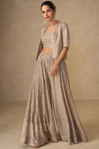 Beige georgette hand embroidery semi stitched salwar suits suits size up to 42