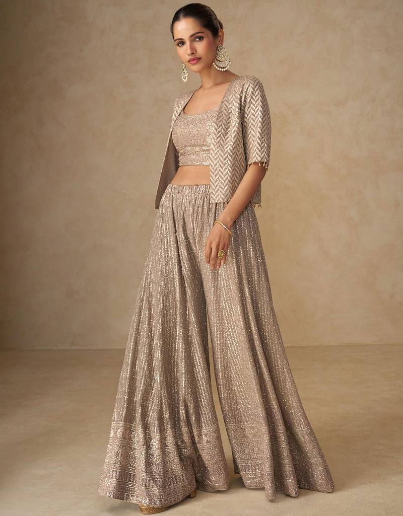 Beige georgette hand embroidery semi stitched salwar suits suits size up to 42