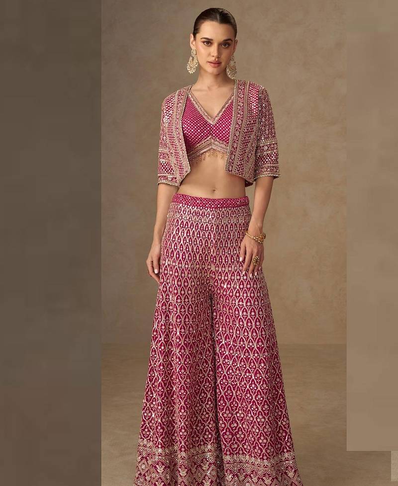 Pink georgette hand embroidery semi stitched salwar suits suits size up to 42